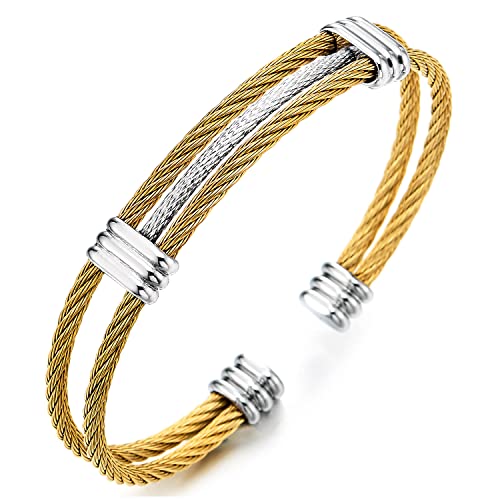 COOLSTEELANDBEYOND Men Women Stainless Steel Twisted Cable Adjustable Cuff Bangle Bracelet - color: K-Metal Color: Gold & Silver