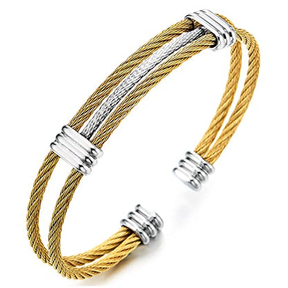 COOLSTEELANDBEYOND Men Women Stainless Steel Twisted Cable Adjustable Cuff Bangle Bracelet - color: K-Metal Color: Gold & Silver
