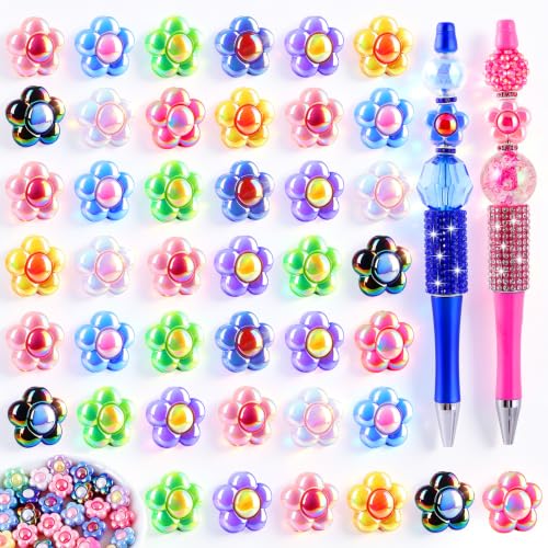 HUISUYTON 60 Pcs Fancy Focal Beads for Pen, 9 Colors Acrylic Flower Beads Bulk, Colorful Focal Bead Rainbow Sun Flower Beads for Pen Making Bracelets Necklaces Jewelry DIY Crafts - color: 60 Pcs Flower Beads