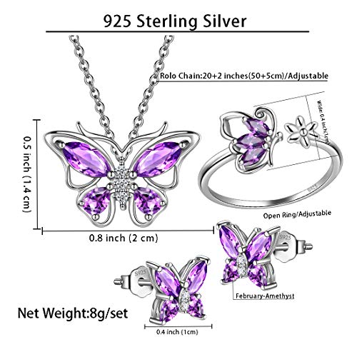 925 Sterling Silver Birthstone Butterfly Jewelry Women Crystal Animal Cute Butterflies Birthday Necklace/Earring/Ring/Bracelet Sets Birth Stone Statement Anniversary Jewellery - color: 2-B.February-Amethyst