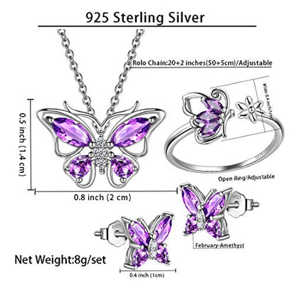 925 Sterling Silver Birthstone Butterfly Jewelry Women Crystal Animal Cute Butterflies Birthday Necklace/Earring/Ring/Bracelet Sets Birth Stone Statement Anniversary Jewellery - color: 2-B.February-Amethyst