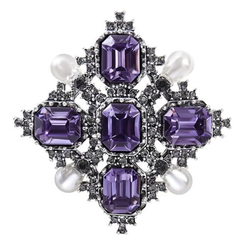 Vintage Retro Victorian Baroque Brooch Pin for Women and Men, Silver Plated Lapel Pin, Fashion Decorative Jewelry with Crystals Rhinestones & Faux Pearls - color: Purple