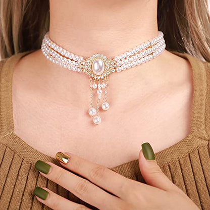Xerling Vintage 1920s Layered Faux Pearl Choker Necklaces Imitation Pearl Rhinestones Pendant Chains Flapper Costume Necklaces for Party