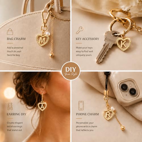 26Pcs 18K Gold Filled Heart Initial Charms for Jewelry Making, Gold A-Z Alphabet Letter Pendants, Double-Sided Ribbed Alphabet Bubble Beads for DIY Necklace Bracelet, Personalized Couples Gifts