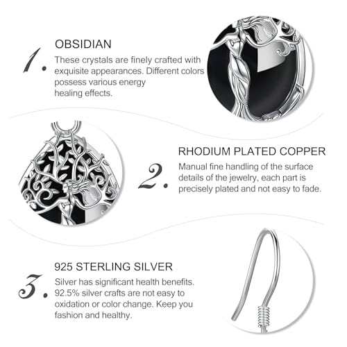 AEONSLOVE Tree of Life Crystal Earrings with Sterling Silver Ear Hooks, Dangle Drop Tree Earrings Gifts for Women - style: A01-Obsidian-Teardrop