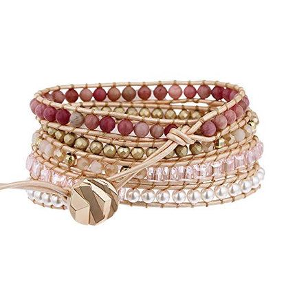 Plumiss Women Boho Handmade Natural Stone Crystal Leather Bead Wrap Bracelets Collection - style: Rose Quartz 5W
