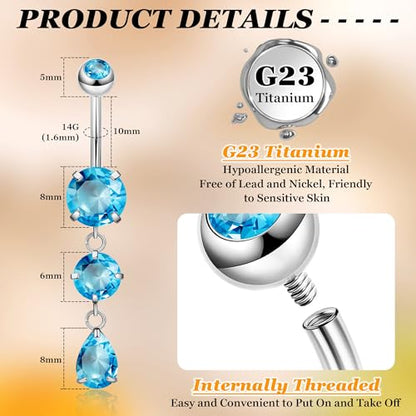 14G G23 Titanium Dangle Belly Button Ring for Women Dangling Navel Rings Hypoallergenic Teardrop Shiny CZ Belly Ring Internally Threaded Navel Piercing Jewelry - color: Blue