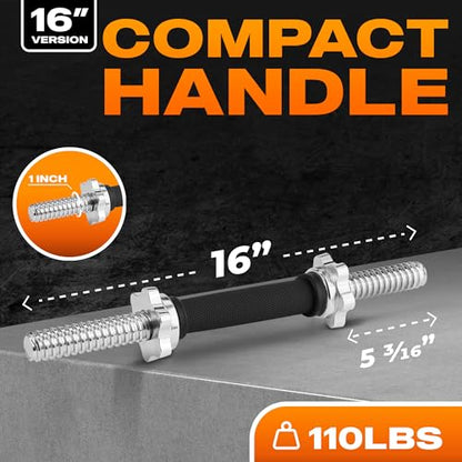 Yes4All Threaded Dumbbell Handles, Adjustable Dumbbell Bar Pair, 14/16/18/24-Inch Sizes, Fits 1" or 1.15" Plates, Non-Slip Grip, Secure Star-Lock Collars - color: 16" - Chrome & Rubber - Silver
