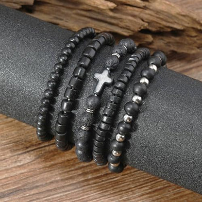 Mens Beaded Bracelets Tribal Wooden Elastic Adjustable Prayer Beads Wrap Cuff for Women - color: B: 5pcs-black
