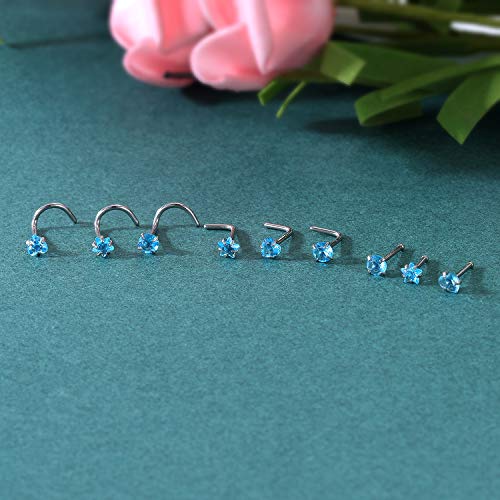 ZS 20G Nose Stud Rings Set, Stainless Steel CZ Nose Piercing Jewelry | Hypoallergenic Nose Bone Rings, L Shaped & Screw Nose Studs, 3mm CZ Stone Nostril Jewelry for Women Men - color: 9pcs Mixed style(Blue)