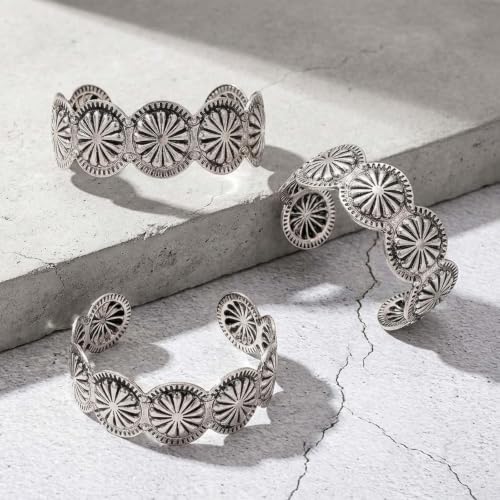 Western Flower Engraved Cuff Bracelet, Thick Wide Open Bangle | Vintage Western Cowgirl Jewelry – Wide Open Bangle with Flower Engraving. Ethnic Boho Statement,Daily Wear, Gifts, Party