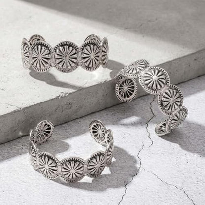 Western Flower Engraved Cuff Bracelet, Thick Wide Open Bangle | Vintage Western Cowgirl Jewelry – Wide Open Bangle with Flower Engraving. Ethnic Boho Statement,Daily Wear, Gifts, Party
