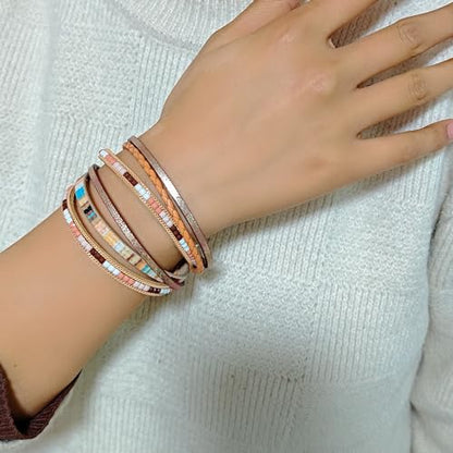 ZMANYIJEW Leather Wrap Bracelets for Women,Boho Cuff Bracelets Multi-Layer Crystal Beads Cuff Bracelet Multilayered Leopard Leather Braided Bangle Wrist Cuff Bangles - style: khaki