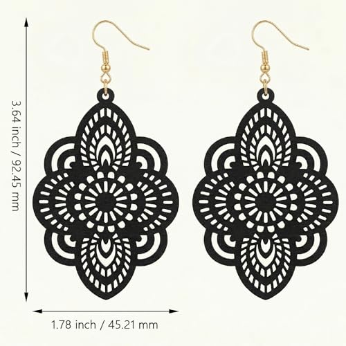Boho Black Filigree Dangle Earrings for Women, Lightweight Hollow Lace Drop, Wood, 3.34" x 1.69", Bohemian Jewelry - color: Black