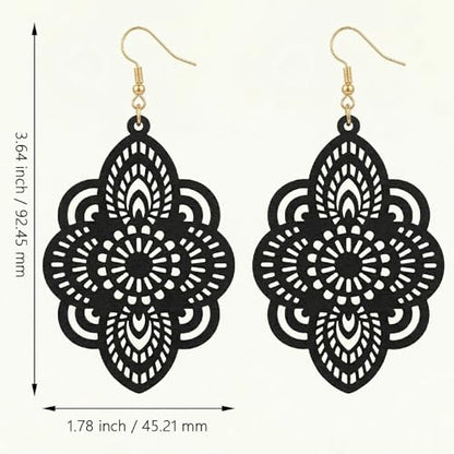 Boho Black Filigree Dangle Earrings for Women, Lightweight Hollow Lace Drop, Wood, 3.34" x 1.69", Bohemian Jewelry - color: Black
