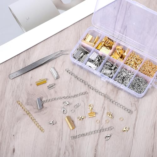 373 Pcs Ribbon Bracelet Kit for Jewelry Making, Ribbon End Crimps, Ribbons Ends Crimps Open Jump Rings Lobster Clasps and Chain Extenders, Bookmark Pinch, Choker Necklace