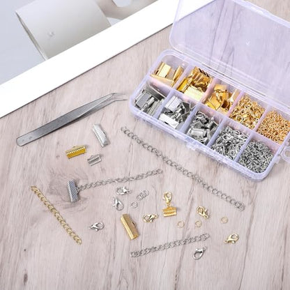 373 Pcs Ribbon Bracelet Kit for Jewelry Making, Ribbon End Crimps, Ribbons Ends Crimps Open Jump Rings Lobster Clasps and Chain Extenders, Bookmark Pinch, Choker Necklace