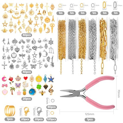 Zefy 18K Gold Silver Chain for Jewelry Making with 348 Pcs Charms | 19.7ft 6 Rolls Stainless Steel Chains Bulk Jump Rings Lobster Clasps Set for DIY Bracelet Necklace Crafts - size: Medium