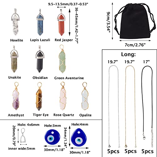 12pcs Healing Crystal Necklaces Hexagonal Natural Gemstone Pendants Bullet Shape Mix Quartz Stone Charms & Evil Eye Charms for DIY Necklace Bracelet Earring Jewelry Making Women Girls - color: 3-Mixed Color-Bullet with Chain