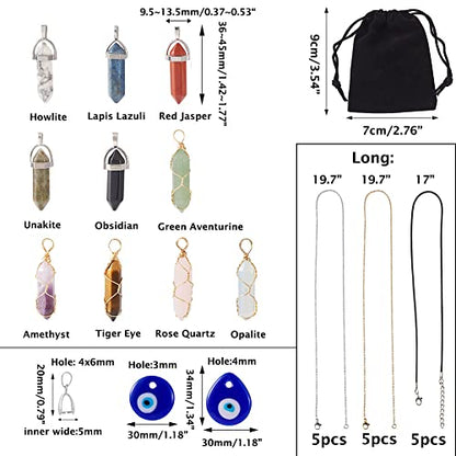 12pcs Healing Crystal Necklaces Hexagonal Natural Gemstone Pendants Bullet Shape Mix Quartz Stone Charms & Evil Eye Charms for DIY Necklace Bracelet Earring Jewelry Making Women Girls - color: 3-Mixed Color-Bullet with Chain