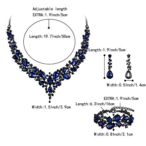 Wedding Bridal Jewelry Set for Women Bride Bridesmaids | Gorgeous Austrian Crystal Teardrop Cluster Statement Necklace Dangle Earrings Link Bracelet Set Prom Jewellery - color: 05-Sapphire Color Black-Silver-Tone