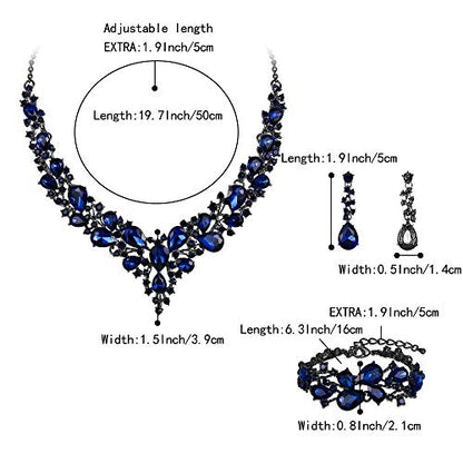 Wedding Bridal Jewelry Set for Women Bride Bridesmaids | Gorgeous Austrian Crystal Teardrop Cluster Statement Necklace Dangle Earrings Link Bracelet Set Prom Jewellery - color: 05-Sapphire Color Black-Silver-Tone