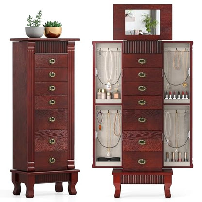 Giantex Standing Jewelry Cabinet with 7 Drawers, Flip-Top Mirror, 2 Side Doors with 12 Necklace Hooks, Divided Ring Compartments, Velvet-Lined Jewelry Armoire Organizer Chest (Cherry) - color: Cherry
