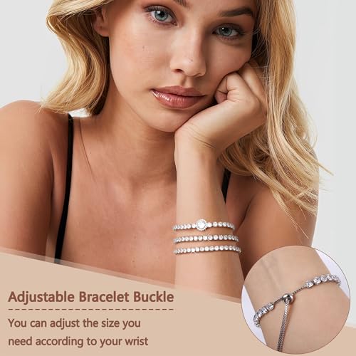 YADOCA 3Pcs Silver Tennis Bracelets For Women Diamond Bracelets Jewelry | Silver Bracelet Stack Cubic Zirconia CZ Adjustable Stackable Bracelets Set For Prom Wedding Gift - style: C:Round CZ-1