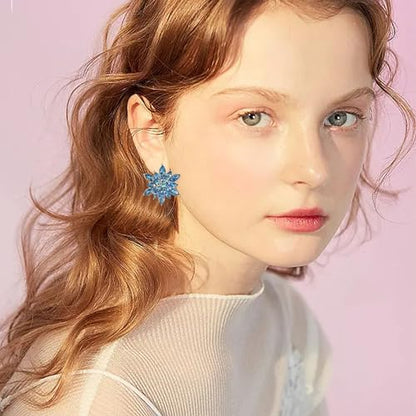 Crystal Flower Burst Stud Earrings Large Big Sparkly CZ Cubic Rhinestone Floral Cluster Flower Stud Earrings Bridal Wedding Party - color: Blue