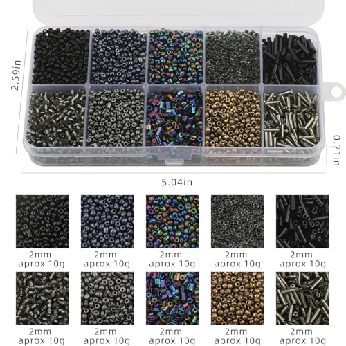 5000pcs Black Glass Seed Tube Bugle Beads for DIY Jewelry Making | 12/0 Waist Beads Kit, Embroidery Beads, 2mm Small Tiny Beads for Bracelets Necklaces Earrings, 10 Colors - color: Black