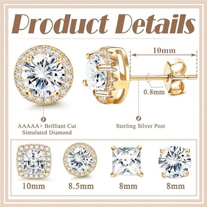MILACOLATO S925 Sterling Silver Stud Earrings for Women Men Hypoallergenic 18K Gold Plated Cubic Zirconia Earrings Studs Brilliant Simulated Diamond Halo Earring for Sensitive Ears - style: 18K Gold Plated Earrings - Standard Size CZ