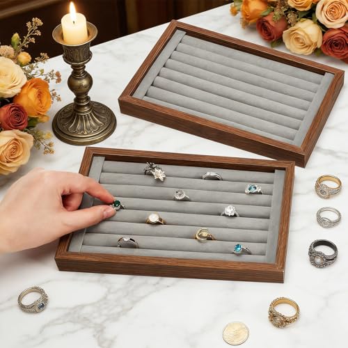 4 Pack Wood Ring Displays, Wooden Ring Holder Display Case Earring Organizer Velvet Jewelry Tray Jewelry Organizer Stand for Rings Earrings Selling, Coffee
