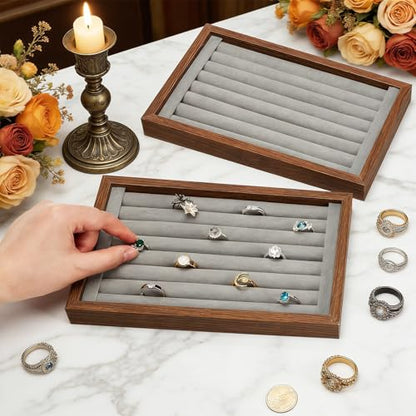 4 Pack Wood Ring Displays, Wooden Ring Holder Display Case Earring Organizer Velvet Jewelry Tray Jewelry Organizer Stand for Rings Earrings Selling, Coffee