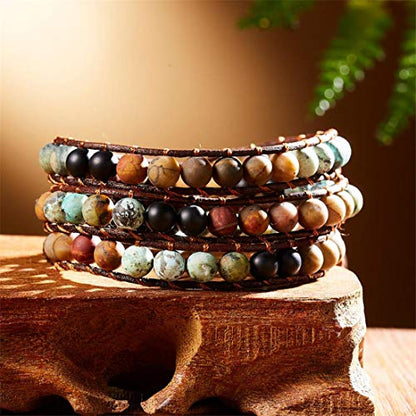 YGLINE Natural Stone Wrap Bracelet for Women Boho Bracelets Healing Crystal Beaded Bracelet Adjustable 3/5 Wraps Bracelet Handmade Birthday Gifts for Women - color: African Turquoise
