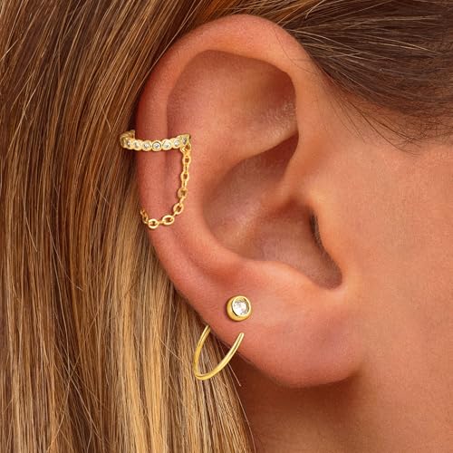 Ear Cuff Earrings for Women Non Piercing - 18K Really Gold Plated Cuff Earrings Trendy Cubic Zirconia Huggie Hoop Cartilage Earring Jewelry Gifts Gold Earring fpr Women Girls - color: 03-Chain-Earrings Cuff
