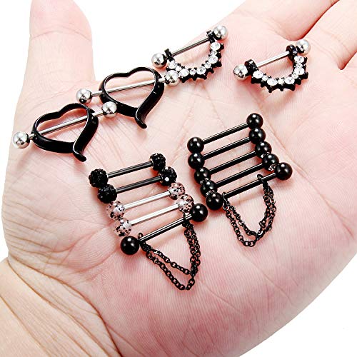 14G 9/16Inch Crystal Ball Nipple Tongue Shield Ring Barbell Body Piercing Jewelry Retainer 8-14PCS - color: 14PCS - Black