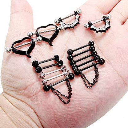 14G 9/16Inch Crystal Ball Nipple Tongue Shield Ring Barbell Body Piercing Jewelry Retainer 8-14PCS - color: 14PCS - Black
