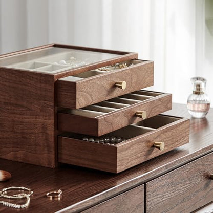 Black Walnut Wooden Jewelry Box Women large 3 Layer Drawer Organizer Box with Glass Lid for Necklaces, Watch, Necklace, Ring, Earring Storage, Ideal Gift - style: 3 Layer