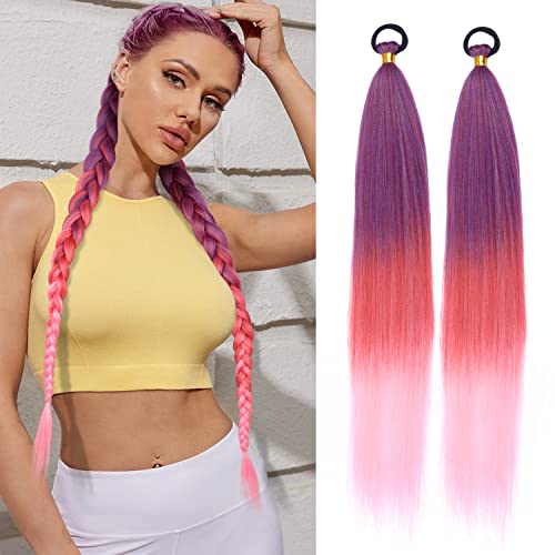 2 Pack Red Gradient 26 Inch Braid Ponytail Extension with Elastic Tie | Ponytail Extension with Elastic Tie Straight Sleek Wrap Around Braid Ponytail , Natural Soft Synthetic Hair Piece for Women - color: Red gradient#（Purple/Red/Pink）, size: 26 Inch（Pack