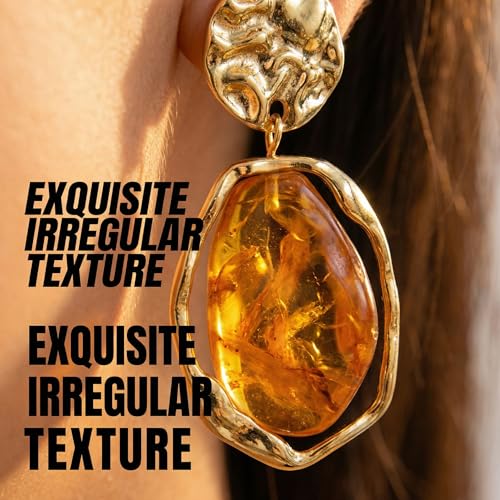 Trendy Orange Earrings for Women Resin Statement Geometric Drop | Radiant gold-tone hammered metal paired with warm amber hues.