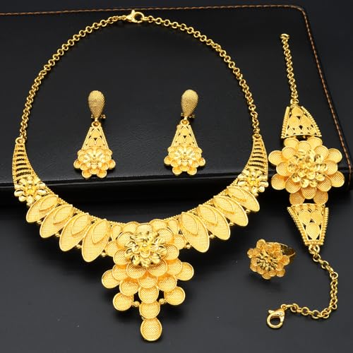 indian Women Jewelry Necklace Set african Dubai Bride Wedding Prom Fashion Jewelry 24K Gold Plated Necklace Bangles Rings Earrings - color: S-348