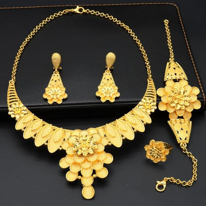 indian Women Jewelry Necklace Set african Dubai Bride Wedding Prom Fashion Jewelry 24K Gold Plated Necklace Bangles Rings Earrings - color: S-348
