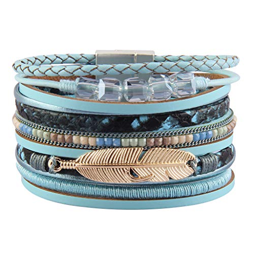 GelConnie Womens Leather Cuff Bracelet Feather Multi Strand Bracelet Wrap Bracelet Turquoise Boho Bangle Braided Leather Wristbands Bohemian Jewelry Gifts for Women Wife Sister - color: Feather Cuff Bracelet-blue