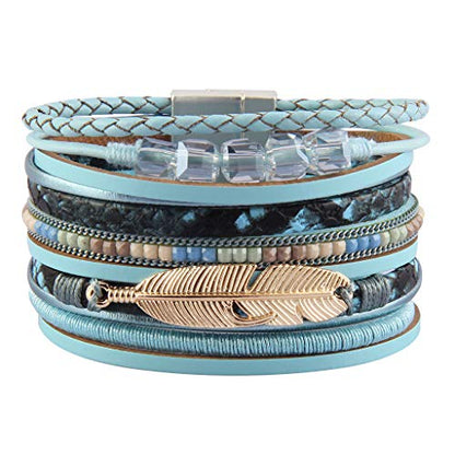 GelConnie Womens Leather Cuff Bracelet Feather Multi Strand Bracelet Wrap Bracelet Turquoise Boho Bangle Braided Leather Wristbands Bohemian Jewelry Gifts for Women Wife Sister - color: Feather Cuff Bracelet-blue