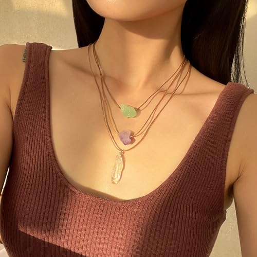 Crystal Holder Necklace for Women Natural Gemstone Crystal Pendant Necklace Handmade Boho Sun Necklace Summer Beach Jewelry Accessories - color: Purple