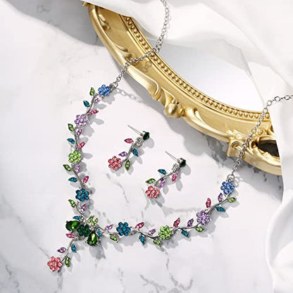 Women's Wedding Jewelry Set for Bride,Prom Bridal Accessories | Bling Crystal,Flower Leaf Cluster,Dangle Earrings Pendant Necklace Set,for Bridesmaid,Party Jewellery - color: 15-Multi Colour Silver-Tone