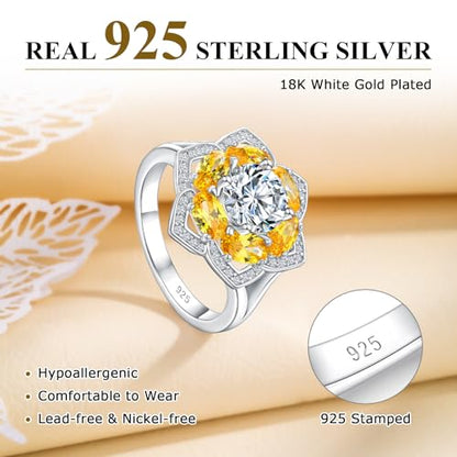 Flower Cocktail Ring for Women Stone Engagement Anniversary Rings | Sterling Silve|Hypoallergenic|Ruby|Sapphire|Emerald|Wedding and Birthday Party Women Statement Ring|Mother and Grandma Gift - color: Citrine (Nov.)