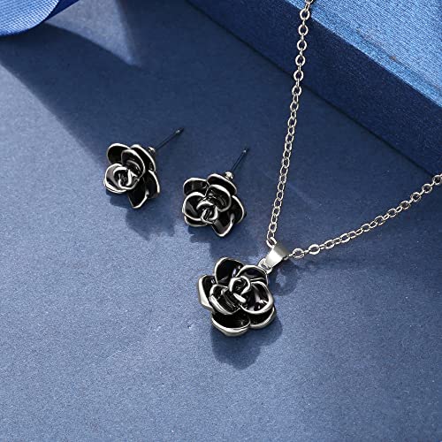 EleQueen Rose Flower Necklace Earrings Bracelet Set for Women - color: 07_Black Silver-Tone
