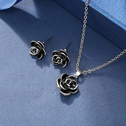 EleQueen Rose Flower Necklace Earrings Bracelet Set for Women - color: 07_Black Silver-Tone