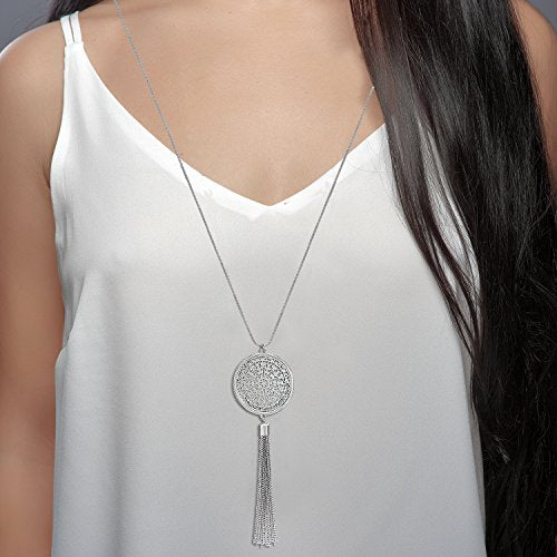 MOLOCH Long Necklaces For Woman Disk Circle Pendant Necklaces Tassel Fringe Necklace Set Statement Pendant - color: A:silver